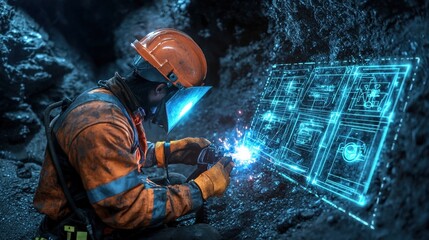 Welder in underground mining tunnel with neon blueprint overlays, creating a tech-forward vibe