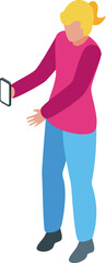 Poster - casual blond girl holding smartphone, using mobile phone, taking selfie, photo or video