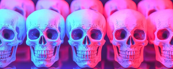 Poster - Colorful skulls arranged in a dynamic pattern, vibrant lighting creates a striking effect.