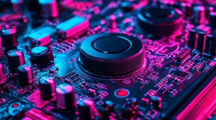 Poster - Close-up of a circuit board with vibrant neon lighting, showcasing electronic components.
