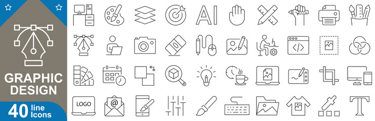 Graphic design line web icons set. Typography, color, layout, logo, photo, animation, branding and more. vector illustration.