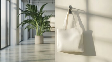 Leinwandbilder - Bright sunlight filters through large windows, illuminating a minimalist indoor area with a potted plant and a simple hanging tote bag, creating a calm and refreshing atmosphere.