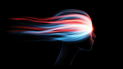 Poster - abstract 3D depiction of head silhouette with flowing colors evokes creativity and imagination
