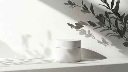 Fototapete - A round white skincare jar rests on a light-colored surface, illuminated by natural sunlight. Shadows created by nearby foliage enhance the serene, minimalist aesthetic, creating a calm atmosphere.