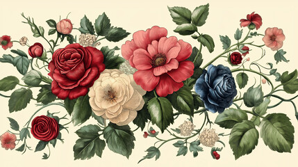 Poster - Detailed, vintage-style illustrations of flowers, leaves, and branches on a cream background. 