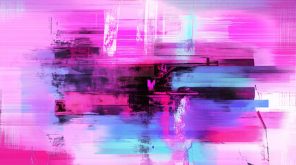 Poster - An abstract digital glitch effect with neon pink, purple, and cyan, creating a futuristic aesthetic. 