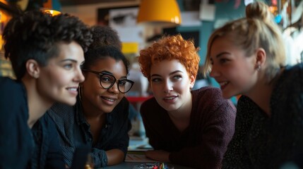 Diverse group of friends engaging in lively conversation at cozy cafe