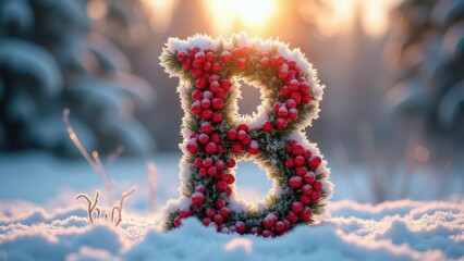 Holiday alphabet with festive symbols. Frosty letter B in snow, adorned with red berries and pine, glows warmly in the golden sunset, capturing the essence of winter's beauty.