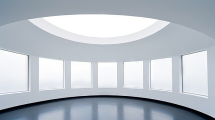 Poster - A large, wide open hall or room, with a big windows and view
