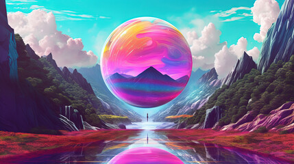 Poster - Fantasy landscape of a sci-fi planet with mountains and a road with mystic sphere