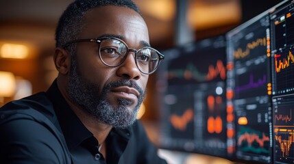 Poster - Middle-aged Black man analyzing financial data on multiple screens in a modern office setting