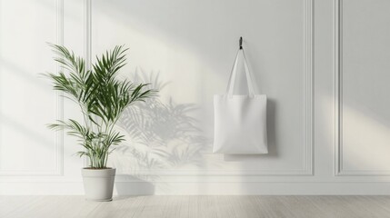 Poster - A white tote bag hangs from a hook on a light-colored wall, accompanied by a green potted plant on the floor, casting gentle shadows in the warm sunlight filtering through a nearby window.