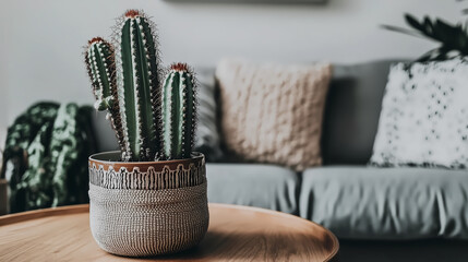 Warm minimalist living room with a light gray sofa, wooden coffee table, and a large potted cactus as the plant accent