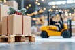 © Rona_65 - A festive warehouse scene featuring a gift-wrapped box on a pallet, with a forklift moving in the background amidst holiday lights.