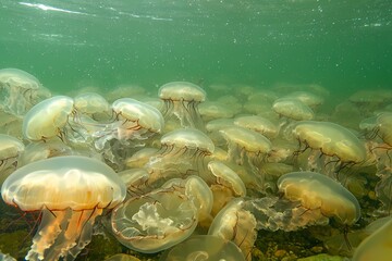 Wall Mural - Ethereal Jellyfish Floating in Aqua Waters