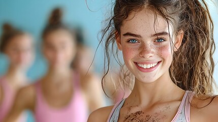 Close up portrait of a young female dancer in a worn out costume smiling with joy after a rehearsal session in a blurred dance studio background