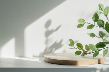 Poster - Elegant geometric setting with a presentation platform. Design for highlighting natural products. Fresh foliage on a pristine light background