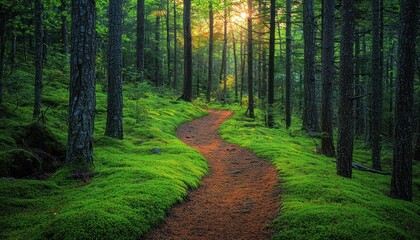 Poster - Sunlit Path Through a Moss-Covered Forest