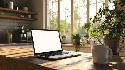 Aufkleber - A spacious kitchen features a laptop on a wooden table, sunlight streaming through large windows, highlighting lush indoor plants and a steaming coffee cup nearby, creating an inviting atmosphere.