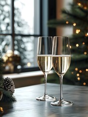 A table adorned with glasses of champagne and Christmas decorations