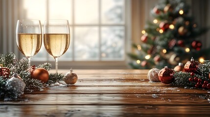 A table adorned with glasses of champagne and Christmas decorations