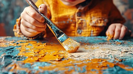 Closeup of a young boy with autism spectrum disorder intensely focused on creating an abstract painting in a blurred art studio setting showcasing his talent and creative expression