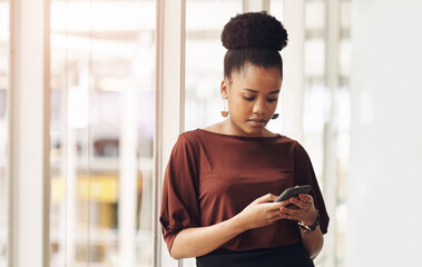 Poster - Black woman, phone and typing email in office, reading and journalist online for column quote. Female person, professional reporter and communication with contact on app, message and web research