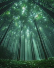 rays of light in the forest. fog in the forest. landscape, trees