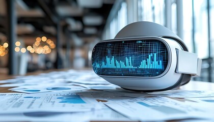 Aufkleber - Virtual Reality Headset Displaying Financial Data on a Desk with Spreadsheets