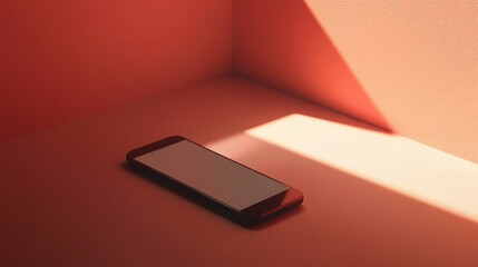 Aufkleber - A smartphone lies flat on a surface, illuminated by soft sunlight streaming through a corner, creating a warm atmosphere with gentle shadows. The composition highlights simplicity and tranquility.