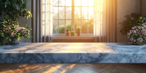 Poster - Marble Tabletop with Sunlight and Flowers in Blurred Background