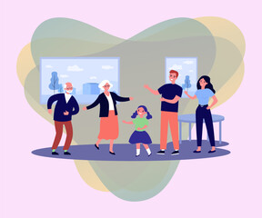 Elderly couple dancing with family at home vector illustration. Drawing of grandmother and grandfather spending time with mother, father and daughter. Senior life, retirement, family, leisure concept