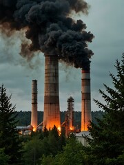 Wall Mural - Industrial smokestacks with flames against a forest backdrop.