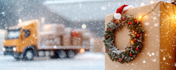 A festive scene featuring a decorated box with a wreath and Santa hat, set against a snowy backdrop with a truck preparing for deliveries.