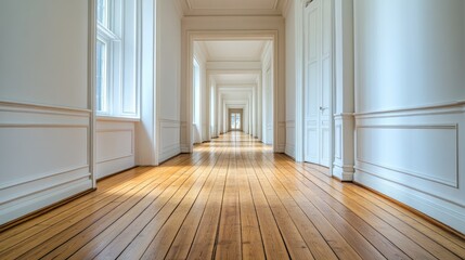 Leinwandbilder - Hallway with white walls, natural wood flooring, and simple lighting, leading to open minimalist rooms.