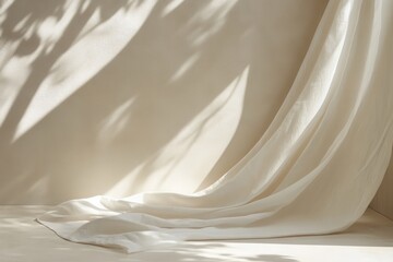 Poster - Elegant light cream canvas for showcasing items, highlighting the soft interplay of illumination and shade cast by curtain textures on the surface