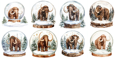 a whimsical watercolor illustration of eight snow globes featuring majestic mammoths enjoying a snow