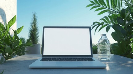Aufkleber - A quiet outdoor workspace features a laptop resting on a table next to a clear water bottle, all embraced by vibrant plants under a bright blue sky, creating an inviting atmosphere for productivity.