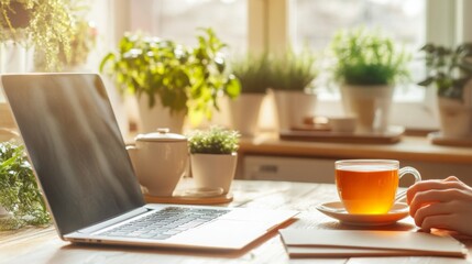 Aufkleber - A person enjoys a warm cup of tea while working on a laptop in a bright kitchen. Sunlight pours in, illuminating potted plants that surround the workspace, creating a peaceful ambiance.