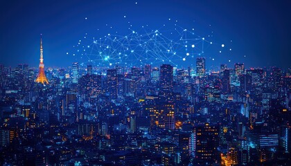 Aufkleber - Tokyo Skyline Illuminated at Night with Network Connections