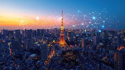 Aufkleber - Tokyo Skyline at Dusk with Network Connections