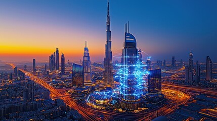 Aufkleber - Illuminated Skyscrapers in Dubai with Digital Network Overlay