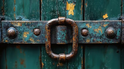 Poster - Rusty Metal Ring on Weathered Wooden Door