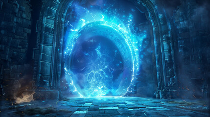 Mystical glowing portal with ethereal blue energy swirling within stone archway, magical runes illuminating dark chamber with ancient tiled floor beneath