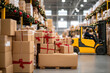 © Rona_65 - A bustling warehouse filled with neatly stacked packages adorned with ribbons, coupled with a yellow forklift ready for loading during the festive season.