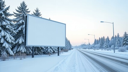 white empty billboard near the road, snowy winter, clean and minimalist design, large and empty, rea