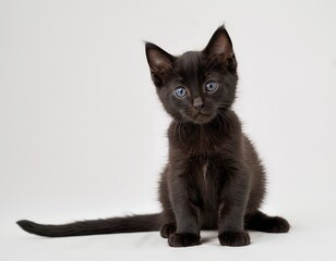 Portrait of a black kitten on a white background. The concept of pet protection