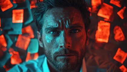 Poster - A Close-up Portrait of a Man's Face Underneath Red and Blue Lighting