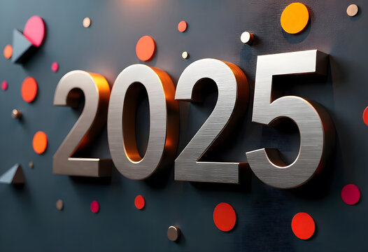 2025 3D Lettering Design With Festive Decorations on a Wall Background, Happy New Year
