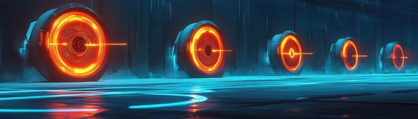 Futuristic glowing circles in a dark corridor, creating a vibrant sci-fi atmosphere with neon lights and a sleek design.